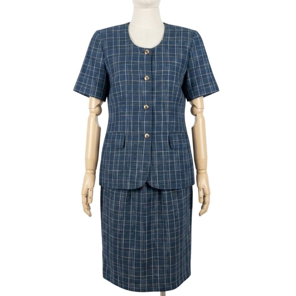 Vintage Amanda Smith Blazer & Skirt Suit Set Womens 16 Navy Plaid Career Office